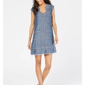 Trina Turk Chambray Sleeveless Shift  Mini Dress with Frayed Hem XS Clean Girl